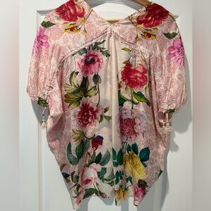 Johnny Was Pink Floral Puff-Sleeve Tunic with Multicolor Blooms